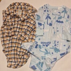 Adidas Light Blue Graphic Onesie and Checkered Shirt Set